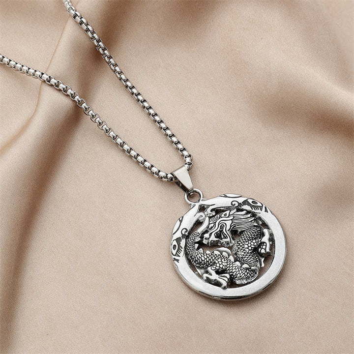 Round Dragon Pattern Titanium Steel Protection Necklace Pendant