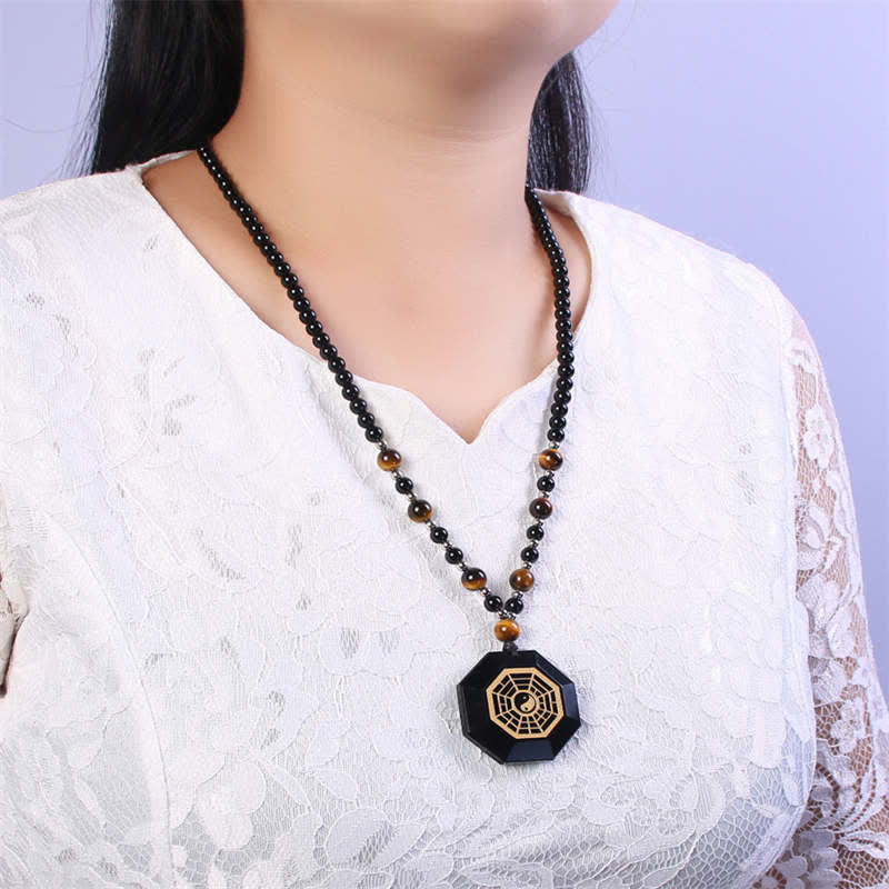 Bagua Yin Yang Black Obsidian Purification Beaded Necklace Pendant