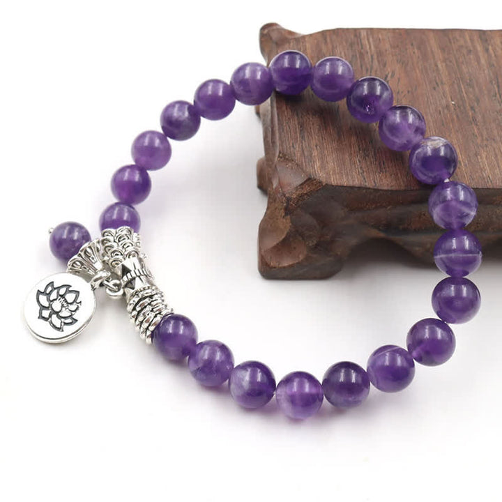 Buddha Stones Amethyst Crystal Lotus Healing Balance Bracelet