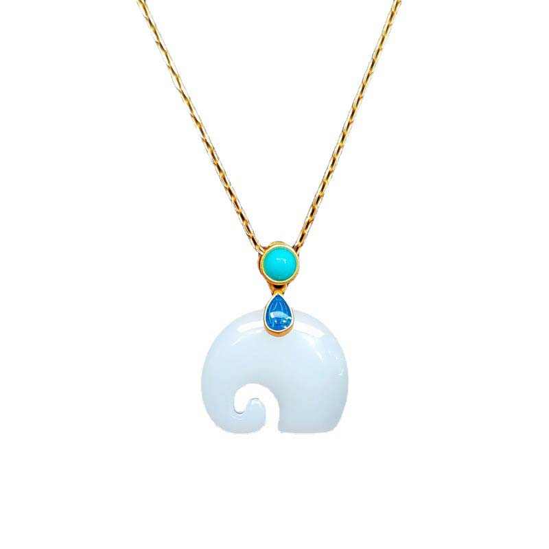 Buddha Stones White Jade Elephant Luck Fortune Necklace Pendant