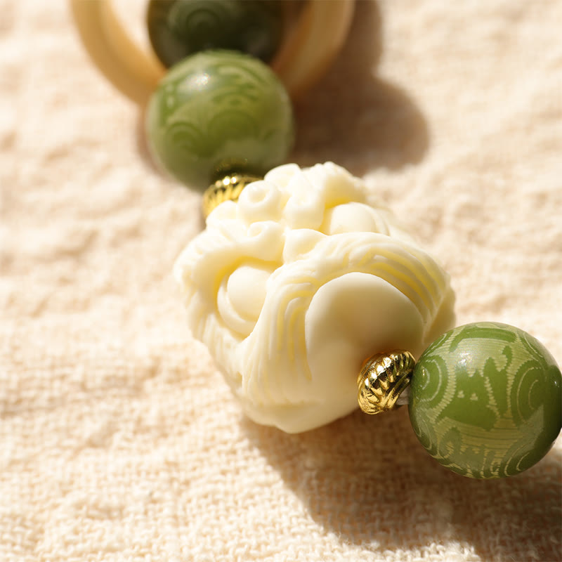 Buddha Stones Green Bodhi Seed Ivory Fruit Dancing Lion Om Mani Padme Hum Engraved Peace Bracelet