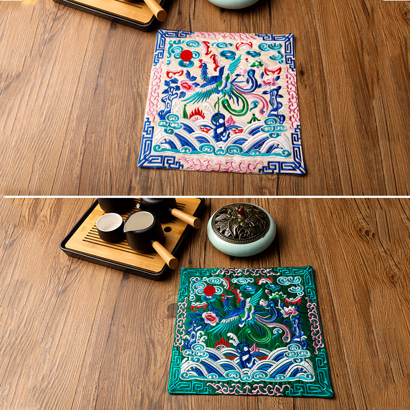 Buddha Stones Phoenix Dragon Kirin Embroidery Cup Mat Pad Tea Cup Coaster Kung Fu Tea Mat