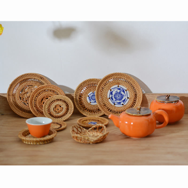 Ceramic Flower Pattern Rattan Cup Mat Tea Cup Coaster