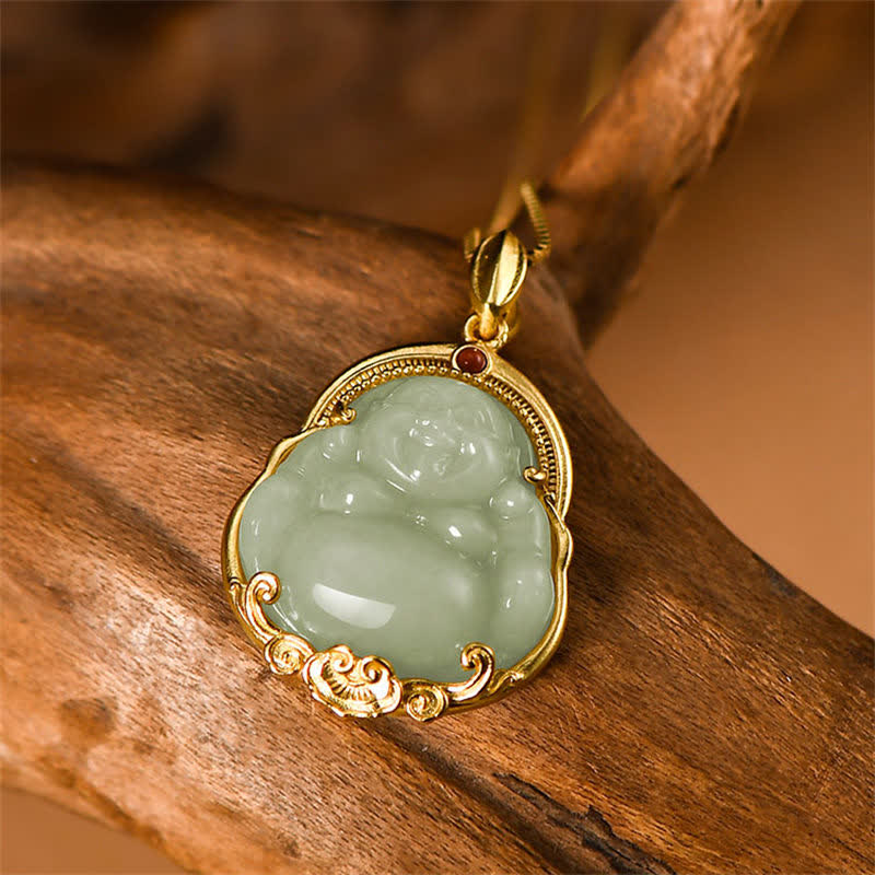 925 Sterling Silver Laughing Buddha Natural Hetian Jade Luck Prosperity Necklace Pendant