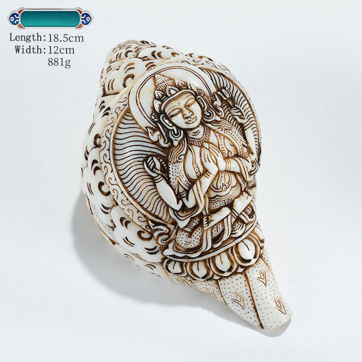 Tibetan Handmade Engraved Shankha Buddha Avalokitesvara Conch Shell Wealth Decoration