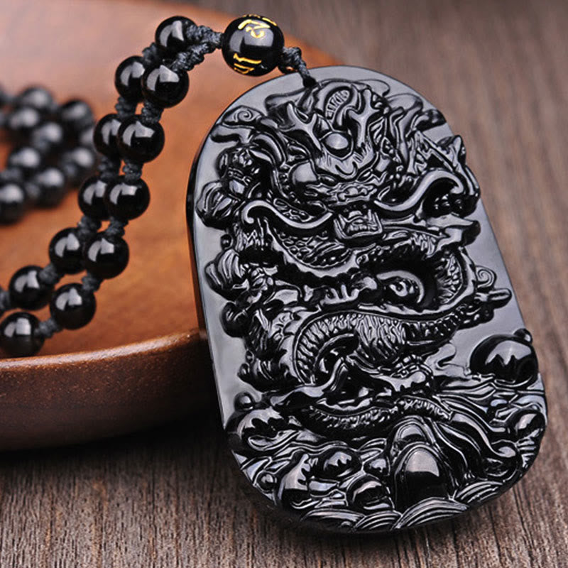 Buddha Stones Black Obsidian Stone Dragon Fulfilment Pendant Necklace