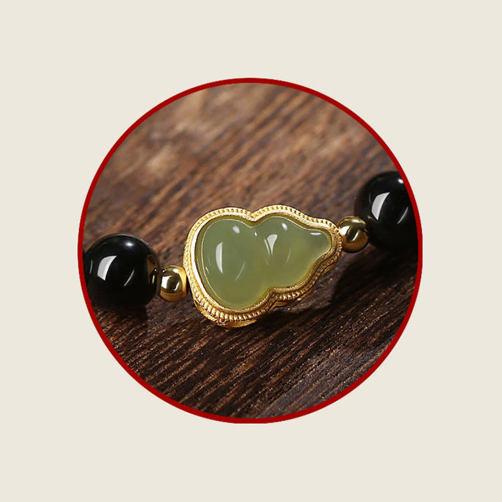 Natural Black Obsidian Hetian Jade Gourd Double Happiness Strength Bracelet