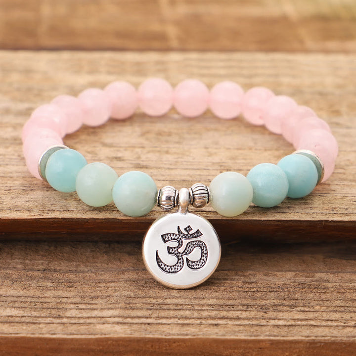 Buddha Stones Natural Pink Crystal Amazonite Lotus Buddha OM Symbol Warmth Bracelet