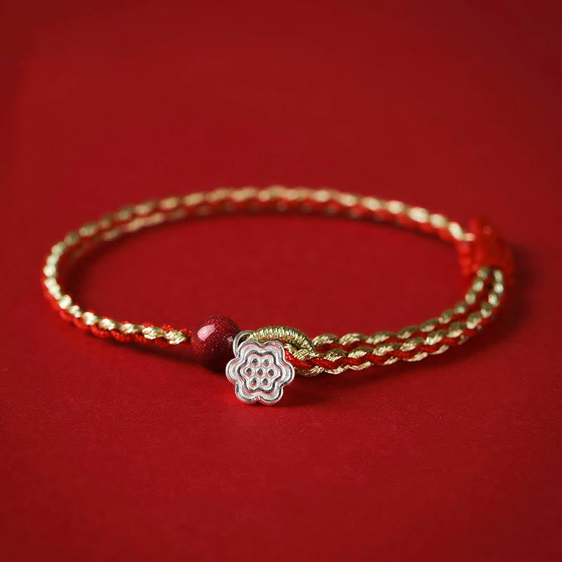 Buddha Stones Handmade 925 Sterling Silver Lotus Cinnabar Gold Bead Blessing Braid Bracelet