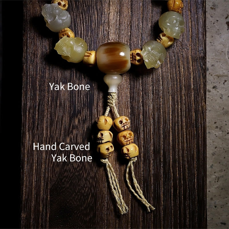 Buddha Stones Handmade Tibetan Sheep Horn Skull The Lord of the Corpse Forest Yak Bone Engraved Luck Bracelet