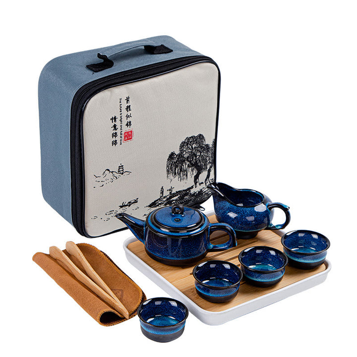 Blue Gradient Color Chinese Gongfu Tea Ceramic Teapot Portable Gift Bag Box Set