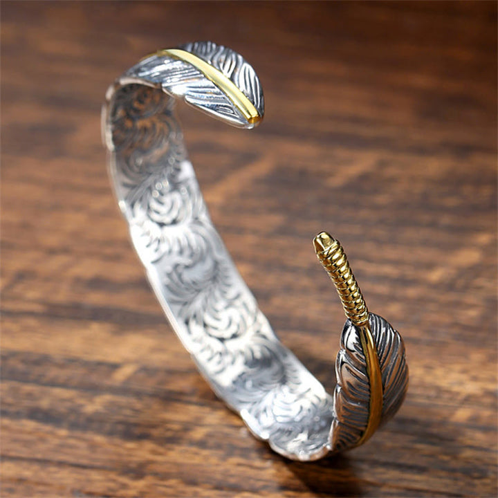 Buddha Stones Feather Pattern Carved Luck Wealth Cuff Bracelet Bangle