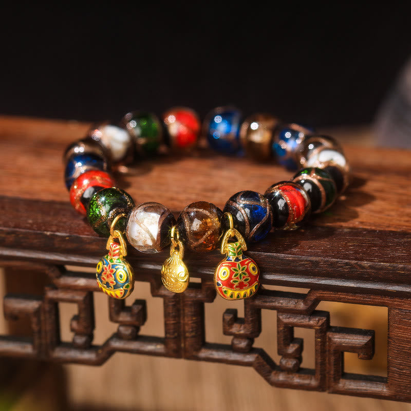 Buddha Stones Five Elements Gold Swallowing Beast Family Charm Liuli Glass Bead Luck Bracelet