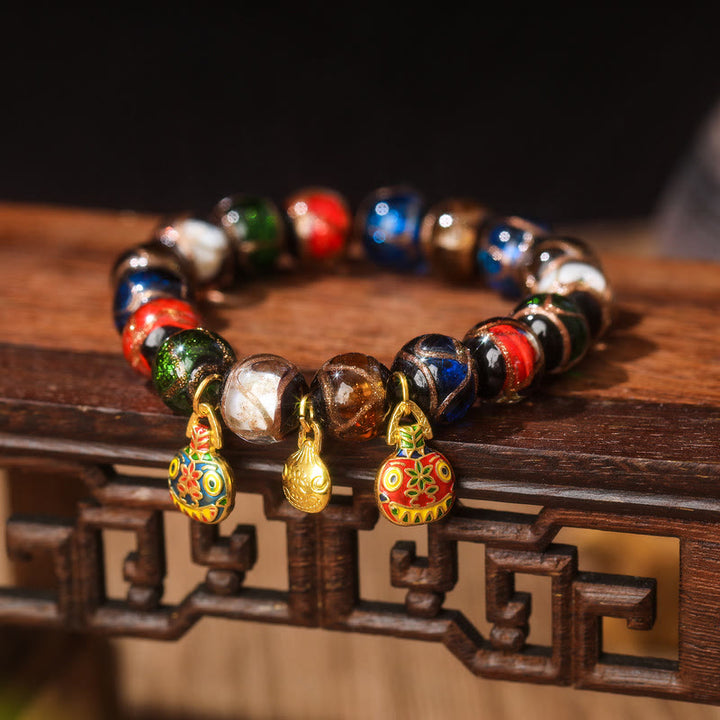 Buddha Stones Five Elements Gold Swallowing Beast Family Charm Liuli Glass Bead Luck Bracelet