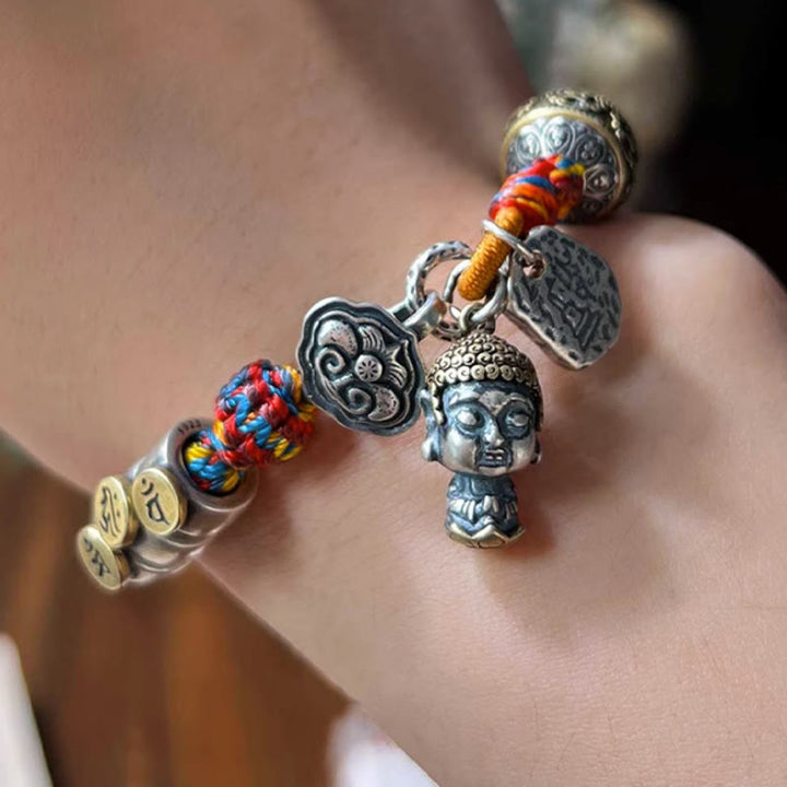 Buddha Stones Handmade Tibetan 925 Sterling Silver Chinese Zodiac Natal Buddha Zakiram Goddess of Wealth Protection Multicolored Rope Braided Bracelet