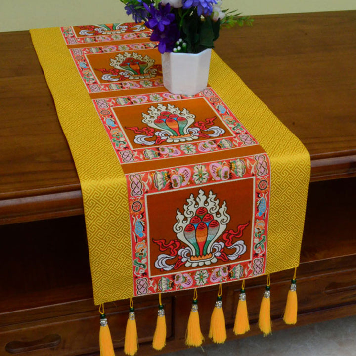 Prayer Altar Mat Man-Bcu Kalachakra Endless Knot Vajra Tibetan Auspicious Symbols Tassels Table Runner