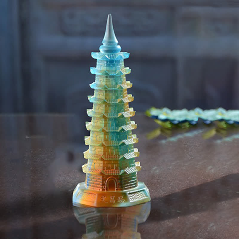 Feng Shui Wenchang Tower Handmade Liuli Crystal Pagoda Art Piece Luck Home Office Decoration