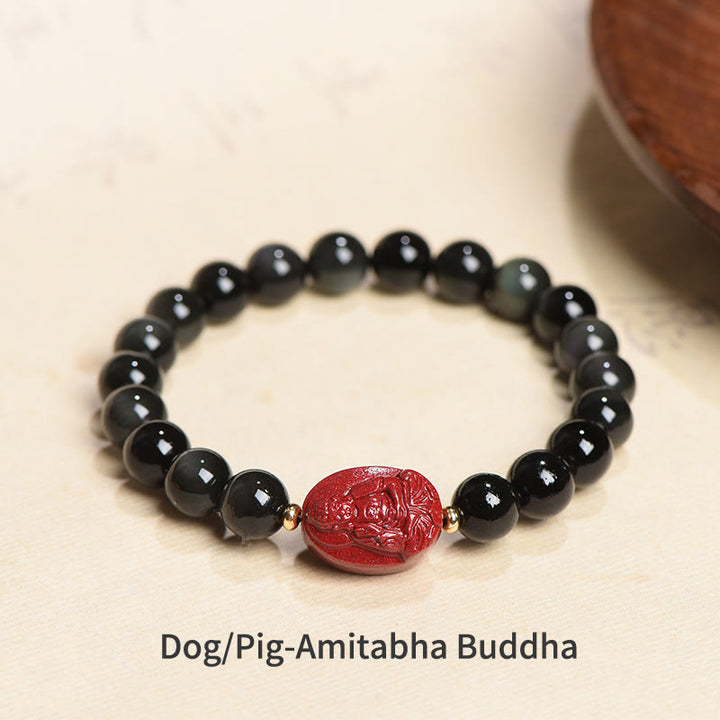 Buddha Stones Chinese Zodiac Natal Buddha Natural Black Obsidian Cinnabar Purification Bracelet