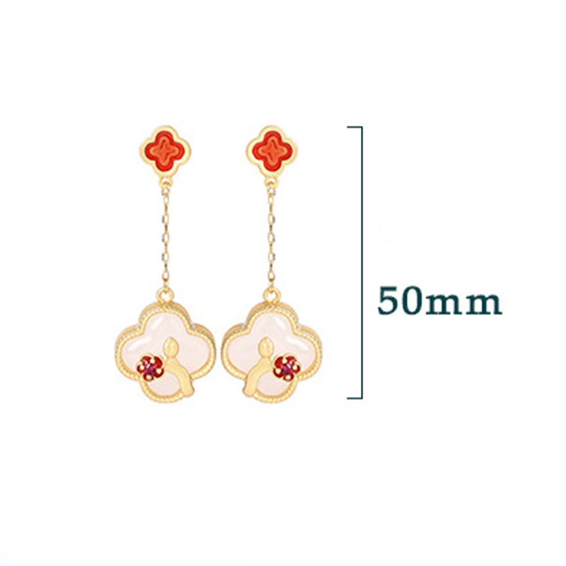 Buddha Stones 24K Gold Plated White Jade Four Leaf Clover Plum Blossom Luck Necklace Pendant Earrings