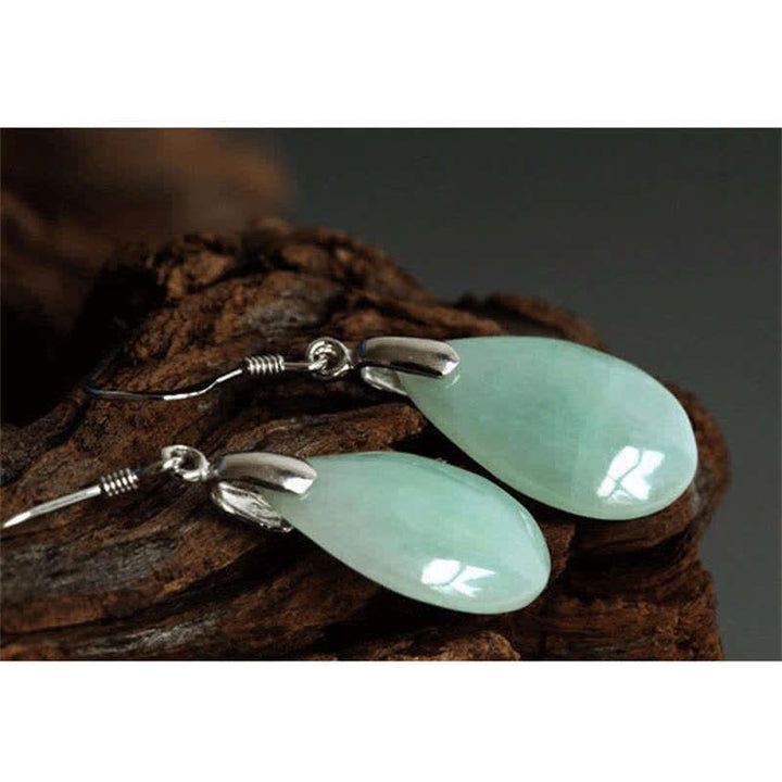 925 Sterling Silver Jade Water Drop Luck Dangle Earrings