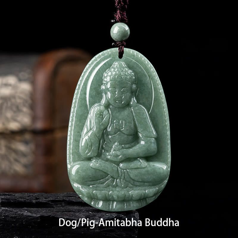 Buddha Stones Chinese Zodiac Natal Buddha Natural Jade Wealth Prosperity Necklace Pendant