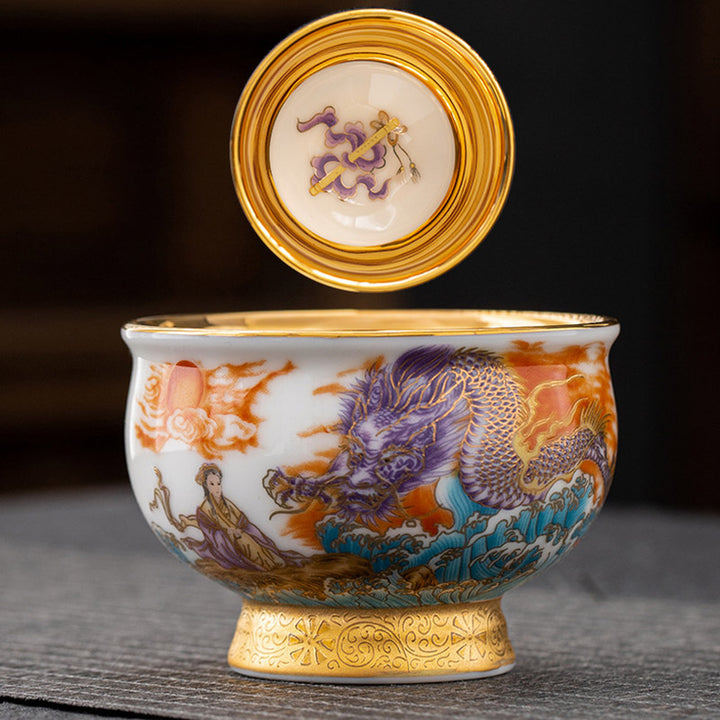 Buddha Stones Golden Eagle Auspicious Dragon Sun Ocean Waves Gilt Ceramic Teacup Kung Fu Tea Cup