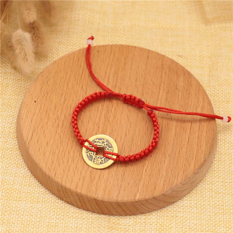 Buddha Stones Copper Coin Fortune Red String Weave Bracelet