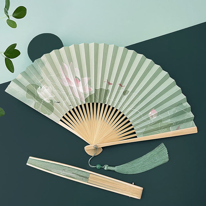 Buddha Stones Lotus Flowers Leaf Koi Fish Handheld Paper Bamboo Folding Fan