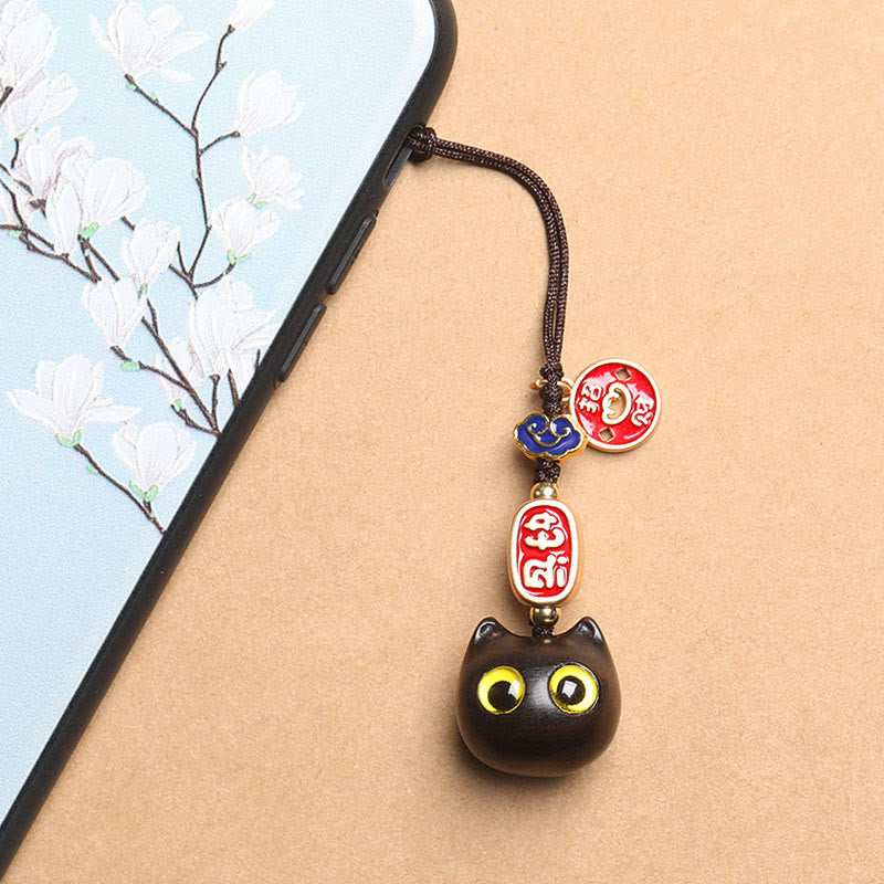 Buddha Stones Ebony Wood Lucky Cat Auspicious Cloud Peace Key Chain Phone Hanging Decoration