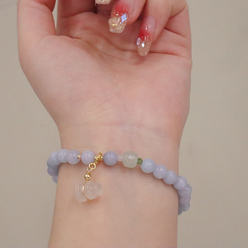 Buddha Stones Natural Aquamarine Chalcedony Serenity Rabbit Gourd Cat Charm Bracelet