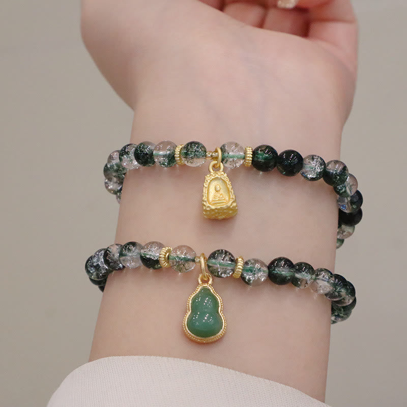 Buddha Stones Natural Green Phantom Confidence Gourd Buddha Charm Bracelet