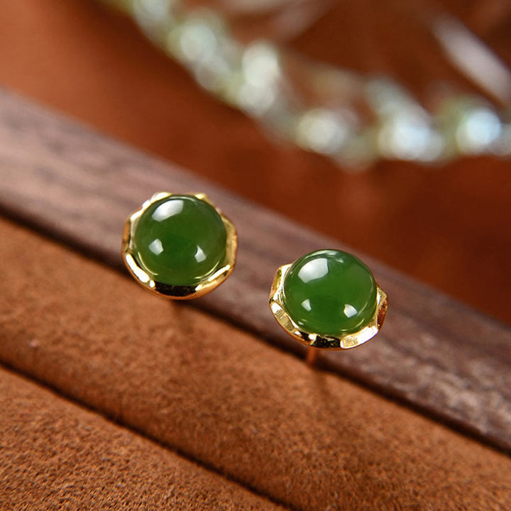 Buddha Stones 925 Sterling Silver Plated Gold Natural Hetian Cyan Jade Bead Luck Stud Earrings