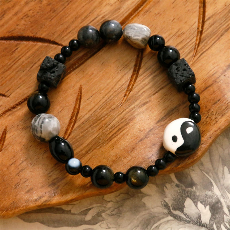 Buddha Stones Black Onyx Picasso Jasper Bead Yin Yang Fortune Protection Bracelet