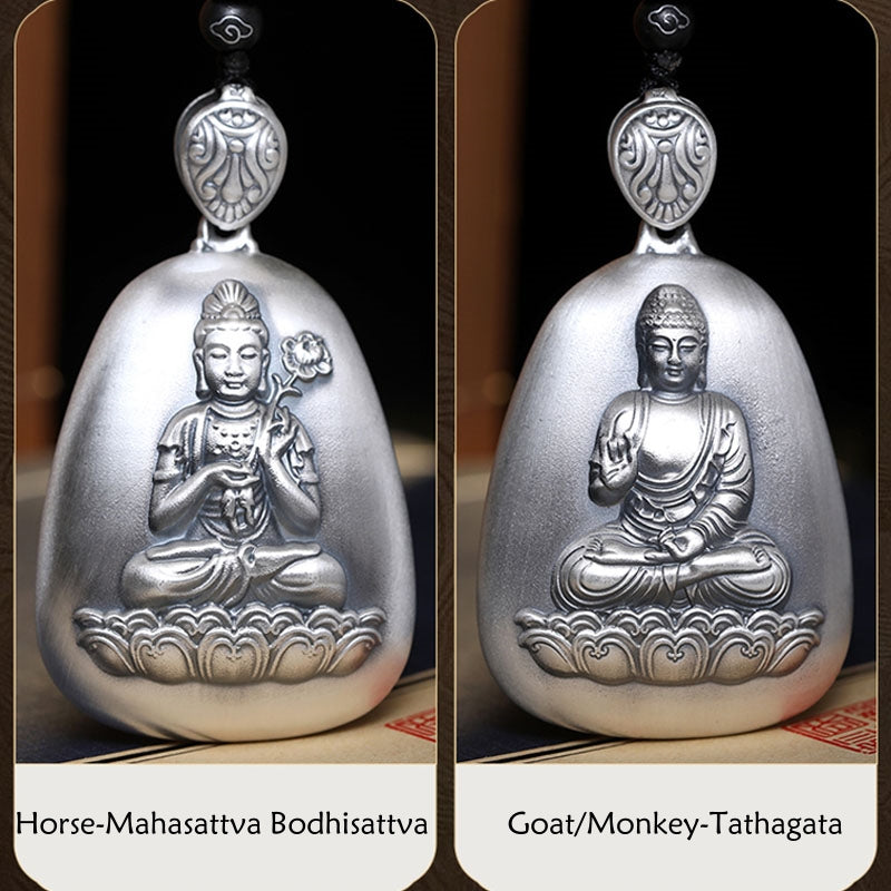 Buddha Stones 999 Sterling Silver Chinese Zodiac Natal Buddha Heart Sutra Engraved Protection Necklace Pendant