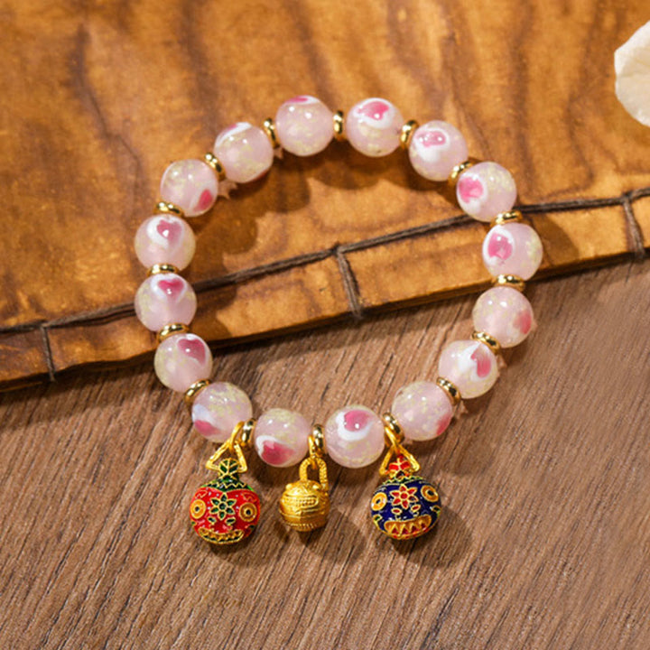 Buddha Stones Gold Swallowing Beast Family Charm Luminous Pink Love Heart Fluorescent Liuli Glass Bead Blessings Bracelet