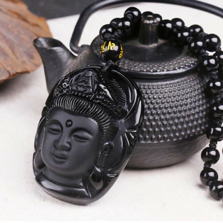 Buddha Stones Natural Black Obsidian Kwan Yin Avalokitesvara Strength String Necklace Pendant