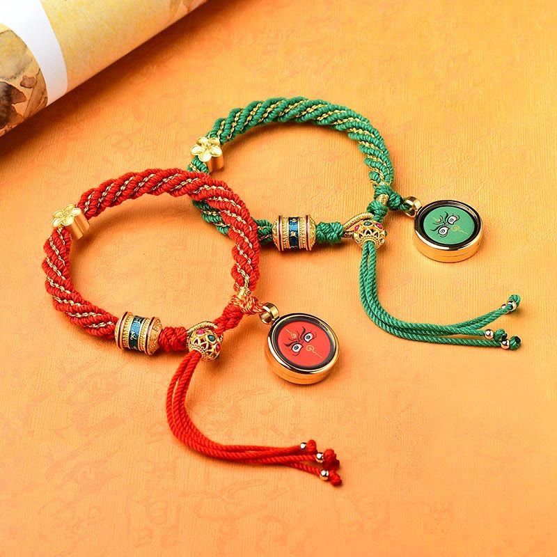 Buddha Stones Tibet Handmade Five God Of Wealth Luck Thangka Amulet Prayer Wheel Flower Charm Weave String Bracelet