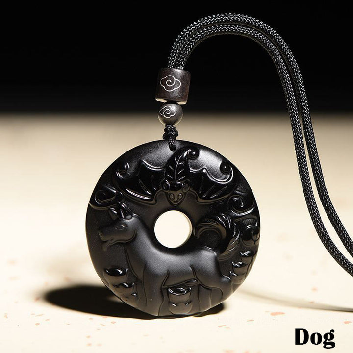 Buddha Stones Chinese Zodiac Natural Black Obsidian Peace Buckle Strength Necklace Pendant