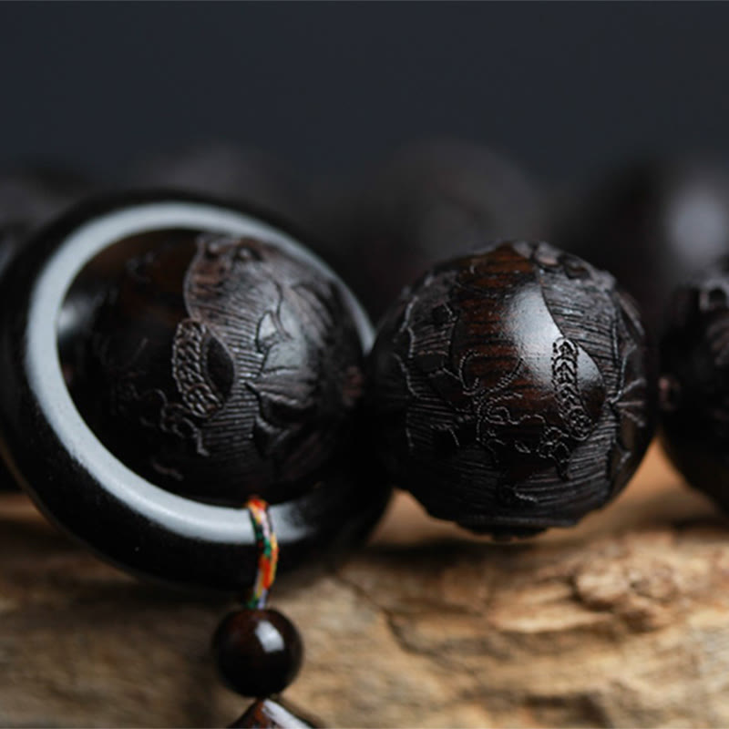 Buddha Stones Ebony Wood Chinese Character Yin Yang Engraved Gourd Balance Bracelet