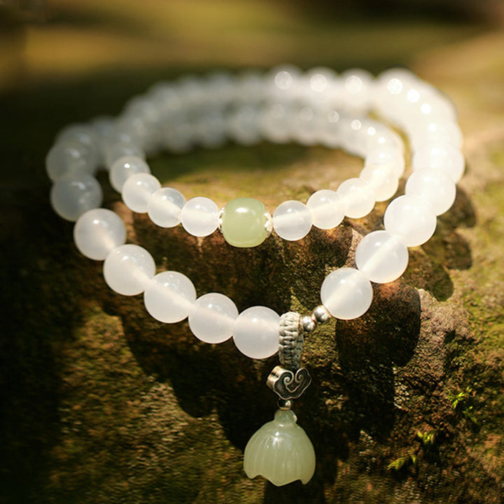 White Agate Jade Lotus Protection Bracelet