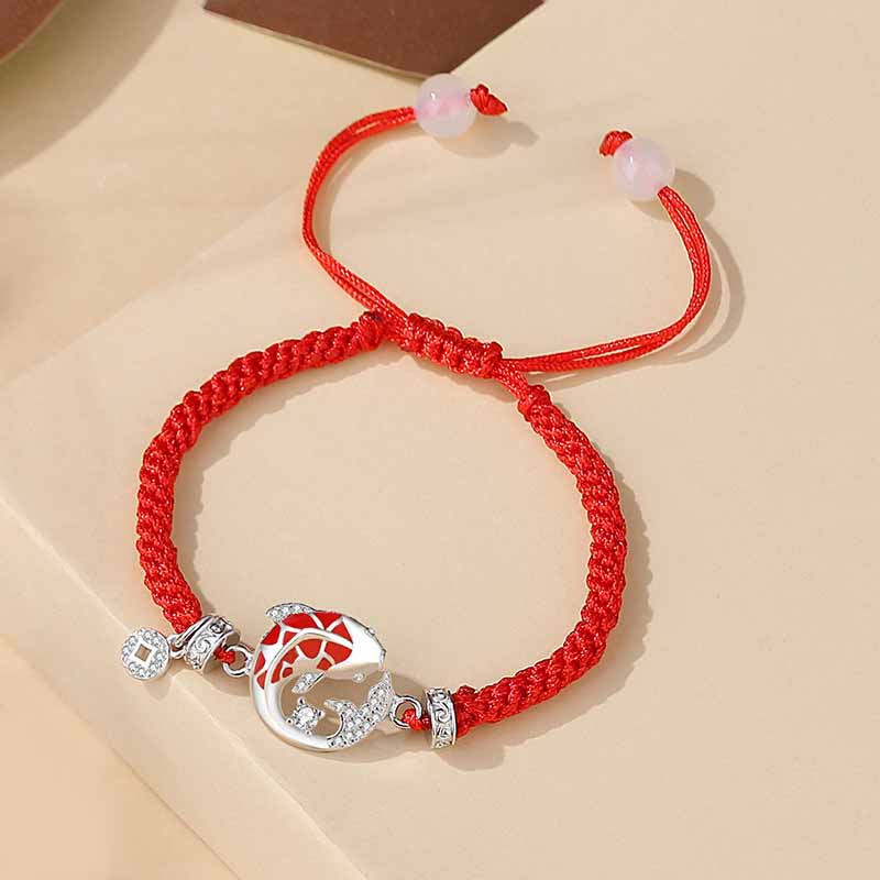 Buddha Stones Handmade 925 Sterling Silver Luck Zircon Koi Fish Copper Coin Wealth Braided Bracelet