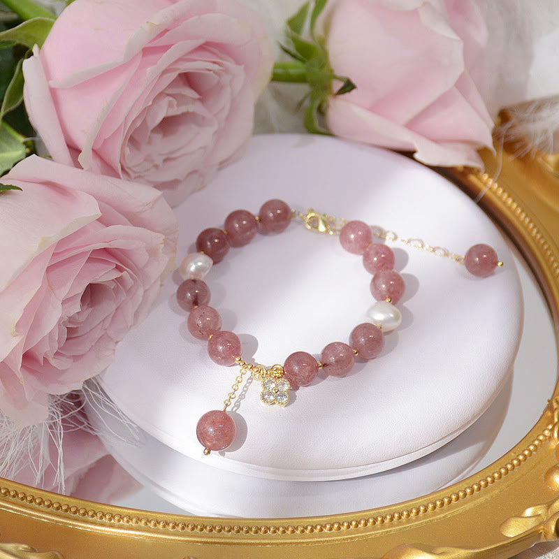 Buddha Stones Natural Strawberry Quartz Pearl Four Leaf Clover Love Bracelet