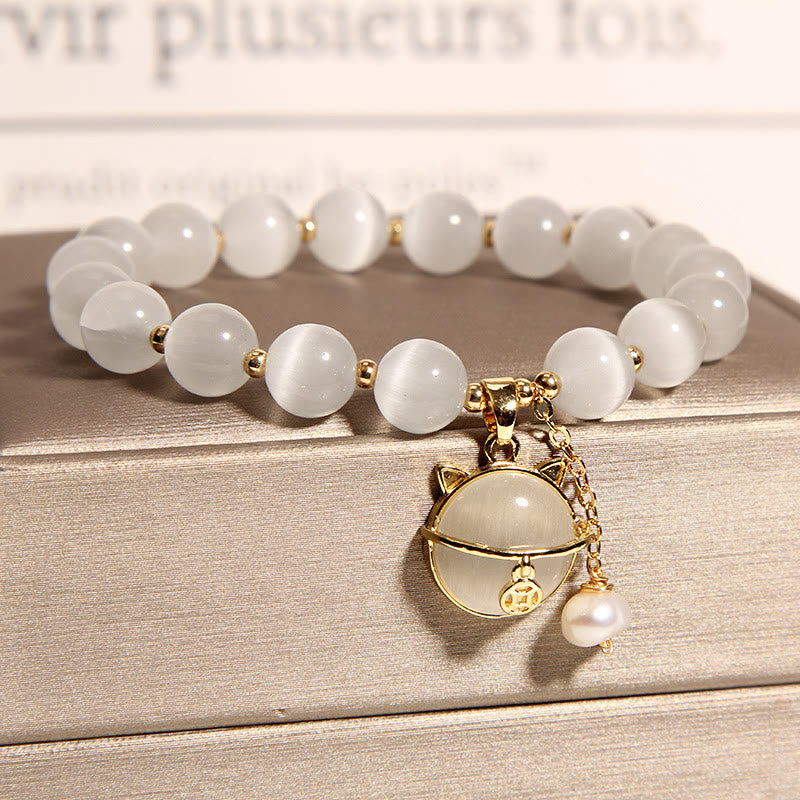 Buddha Stones Cat's Eye Lovely Cat Pattern Pearl Love Charm Bracelet