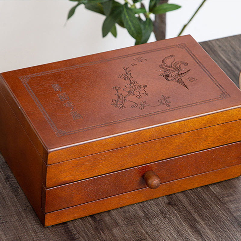 Buddha Stones Vintage Solid Wood Jewelry Box Flower Carved Jewelry Storage Box With Mirror