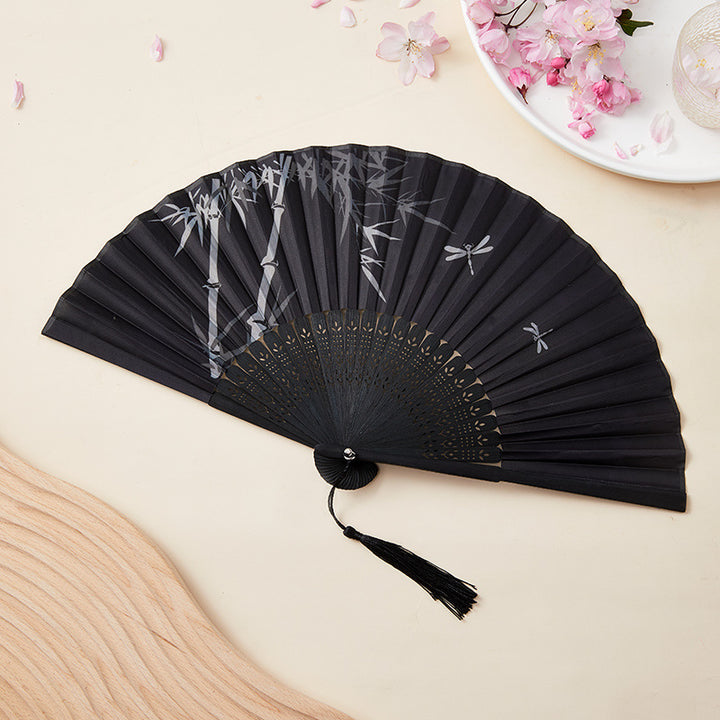 Buddha Stones Crane Peach Blossoms Persimmon Orchid Butterfly Bamboo Handheld Bamboo Folding Fan 21cm