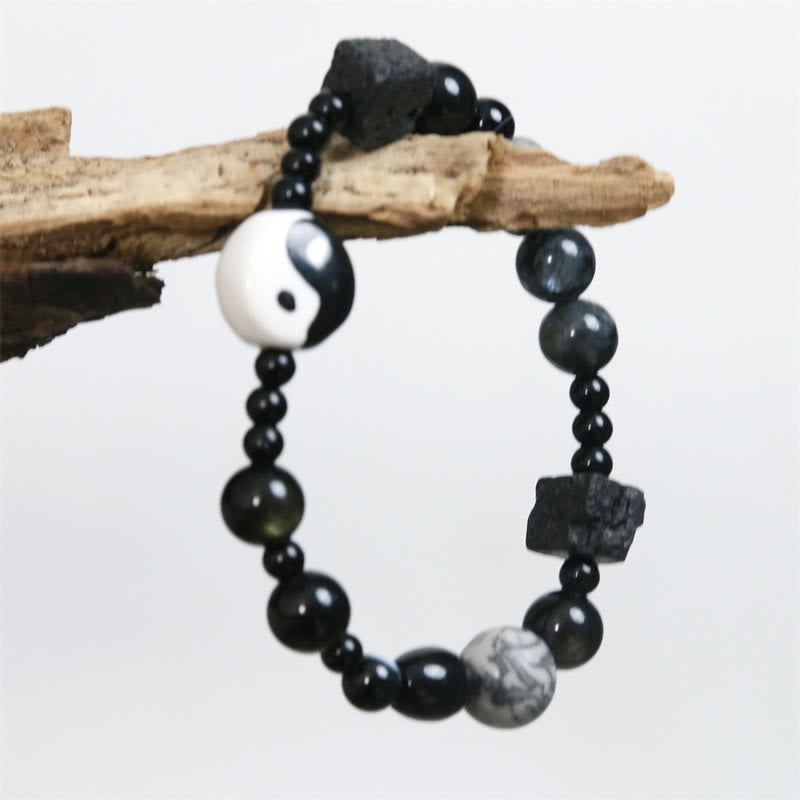 Buddha Stones Black Onyx Picasso Jasper Bead Yin Yang Fortune Protection Bracelet