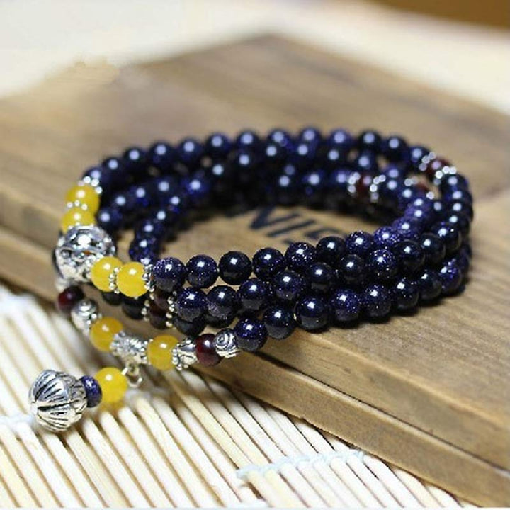 Buddha Stones Blue Sandstone Wealth Charm Bracelet Mala