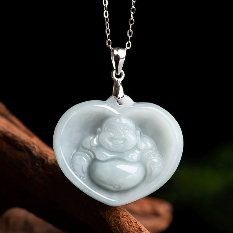 Buddha Stones 925 Sterling Silver Laughing Buddha White Jade Luck Blessing Necklace Pendant