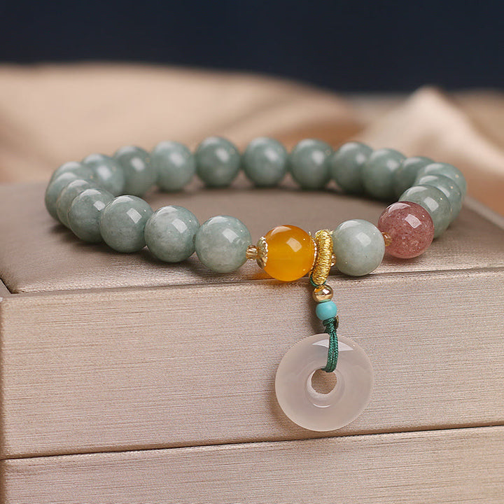 Buddha Stones Natural Jade Strawberry Quartz Bead Peace Buckle Prosperity Bracelet