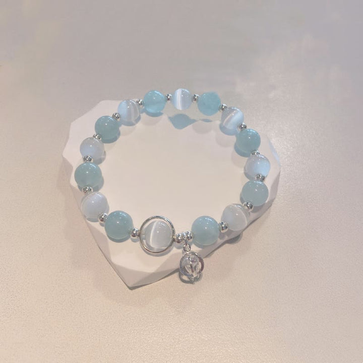 Buddha Stones 925 Sterling Silver Cat's Eye Aquamarine Support Charm Bracelet